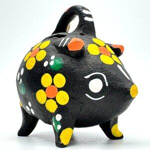 Hand Painted Mexican Folk Art Piggy Bank Figurine With Floral Design